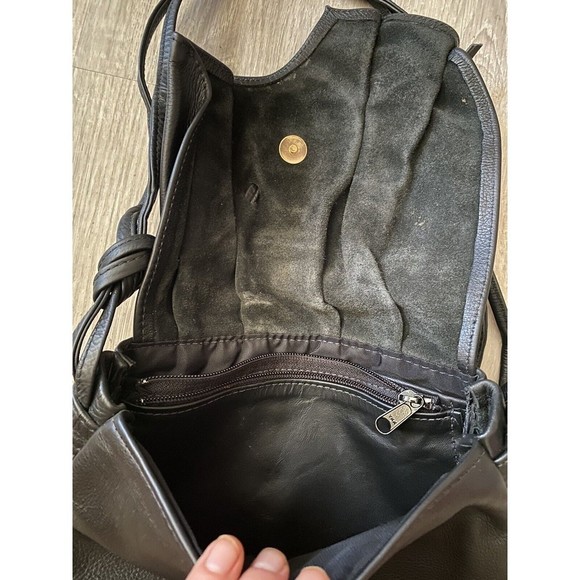 Vintage 80s Artisan Handmade Black Leather Purse With Mother Of Pearl Accent - Picture 8 of 14